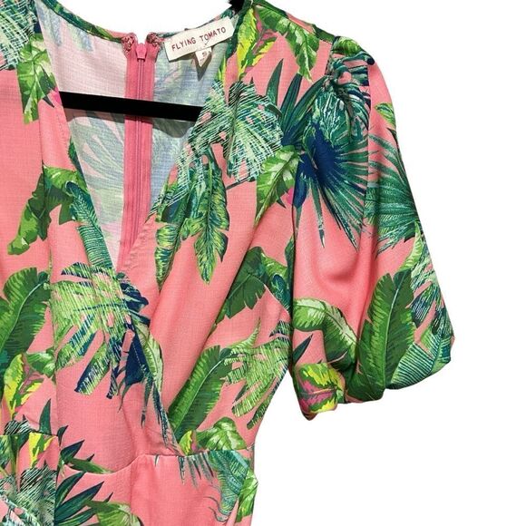 Flying Tomato B-Neck Wrap Tropic Leaf Leaves Print Dress with Puff Short Sleeves - Picture 7 of 11